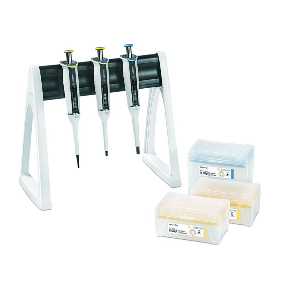Sartorius Tacta Pipette 4-Pack 100 including Linear Stand and Tacta Pipettes: 0.5-10µl, 10-100µl, 20-200µl, 100-1000µl with Sartorius Optifit Tip Tray Box
