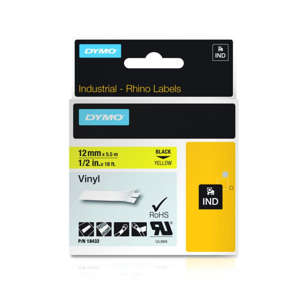 Dymo Original IND-Tape for Rhino, 12mm x 5.5m, Coloured Vinyl, Black on Yellow


