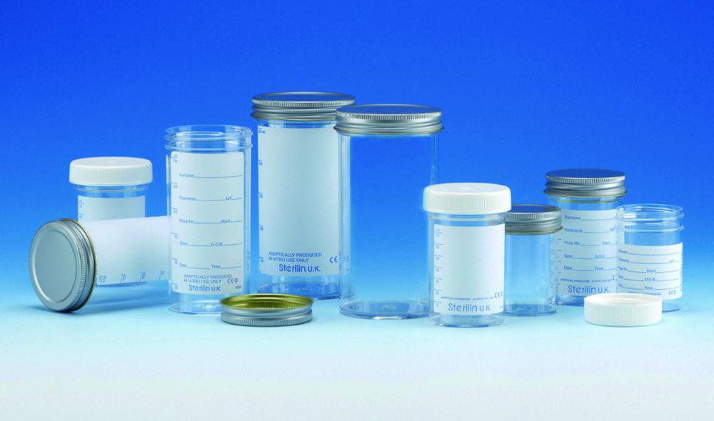 Sample containers 250 ml, PS with metal cap, with label, sterile AS, pack of 50
