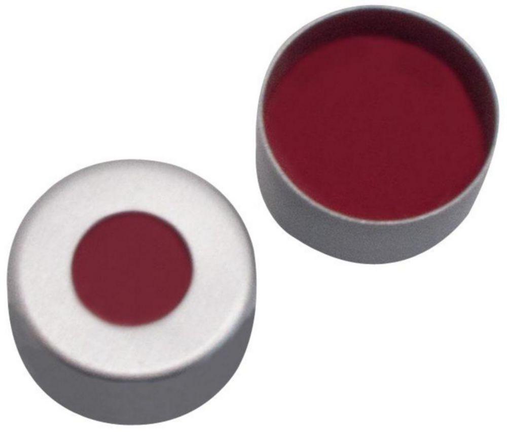 LLG Aluminium Crimp Caps N8, Silver, Center Hole, PTFE Red, Silicone White PTFE Red, Hardness 40 Shore A, Thickness 10 mm, Pack of 100