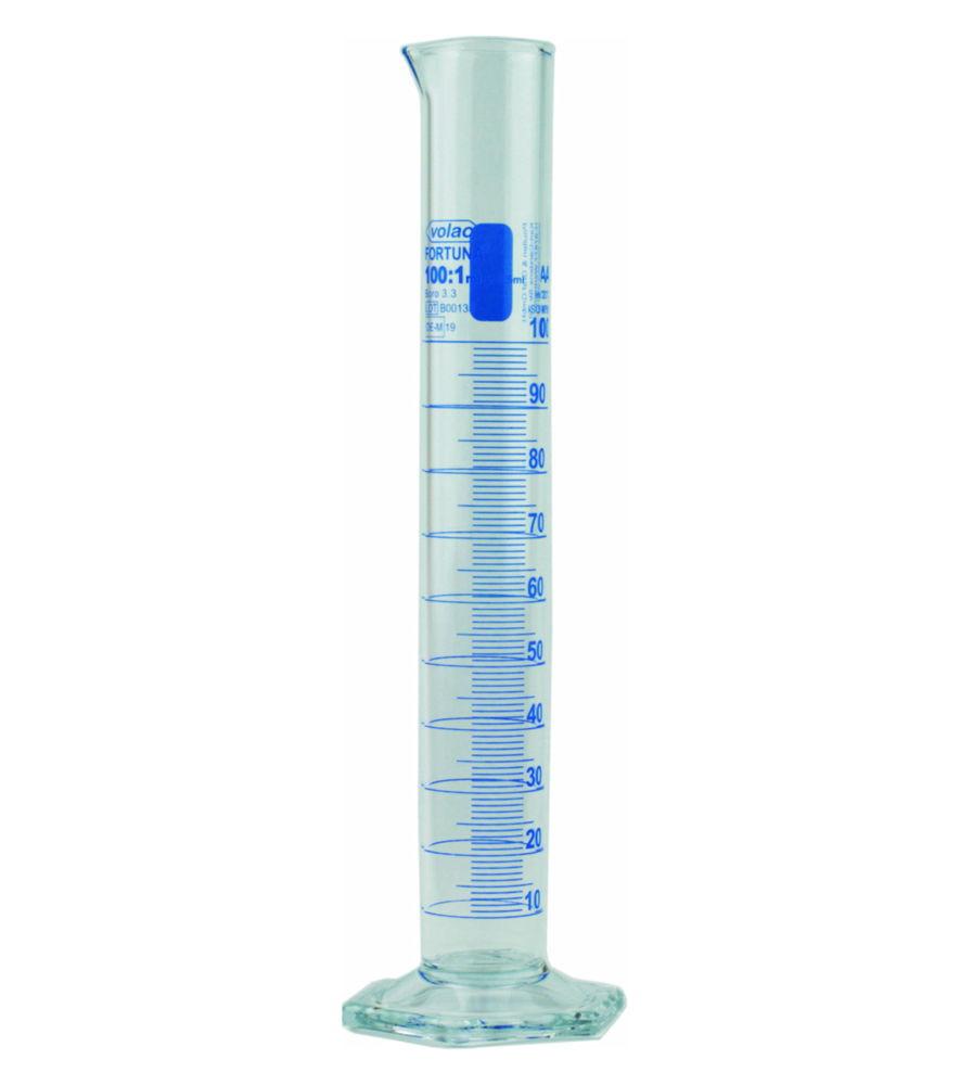 Poulten & Graf Measuring Cylinder 10:0.2 mL H.F Class A - Certificate of Conformity, Borosilicate Glass, Hexagonal Base, Blue Graduated