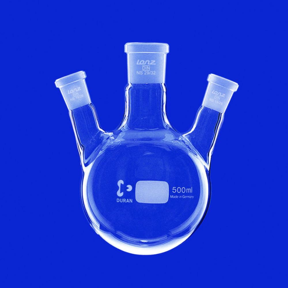 Lenz-Laborglas Round-Bottom Flask 3000 ml Three-Neck, Side Necks Angled, Center Neck NS 29/32 Side Neck NS 29/32

