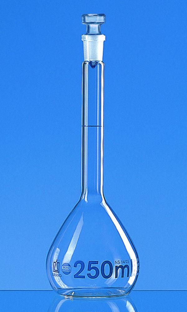 BRAND Volumetric Flask Blaubrand Class A DE, M 200ml, w/ NS 14/23 Boro 3.3 Glass Stopper, Individual Certificate

