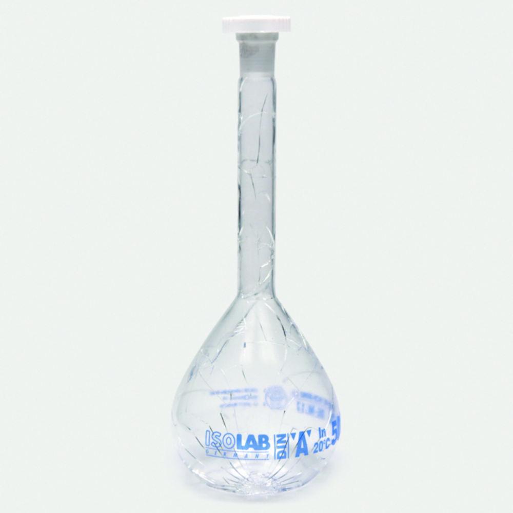 ISOLAB Volumetric Flask 300 mL Clear Coated Glass Class A NS 14/23 PE Stopper Blue Scale Batch Certified, Pack of 2