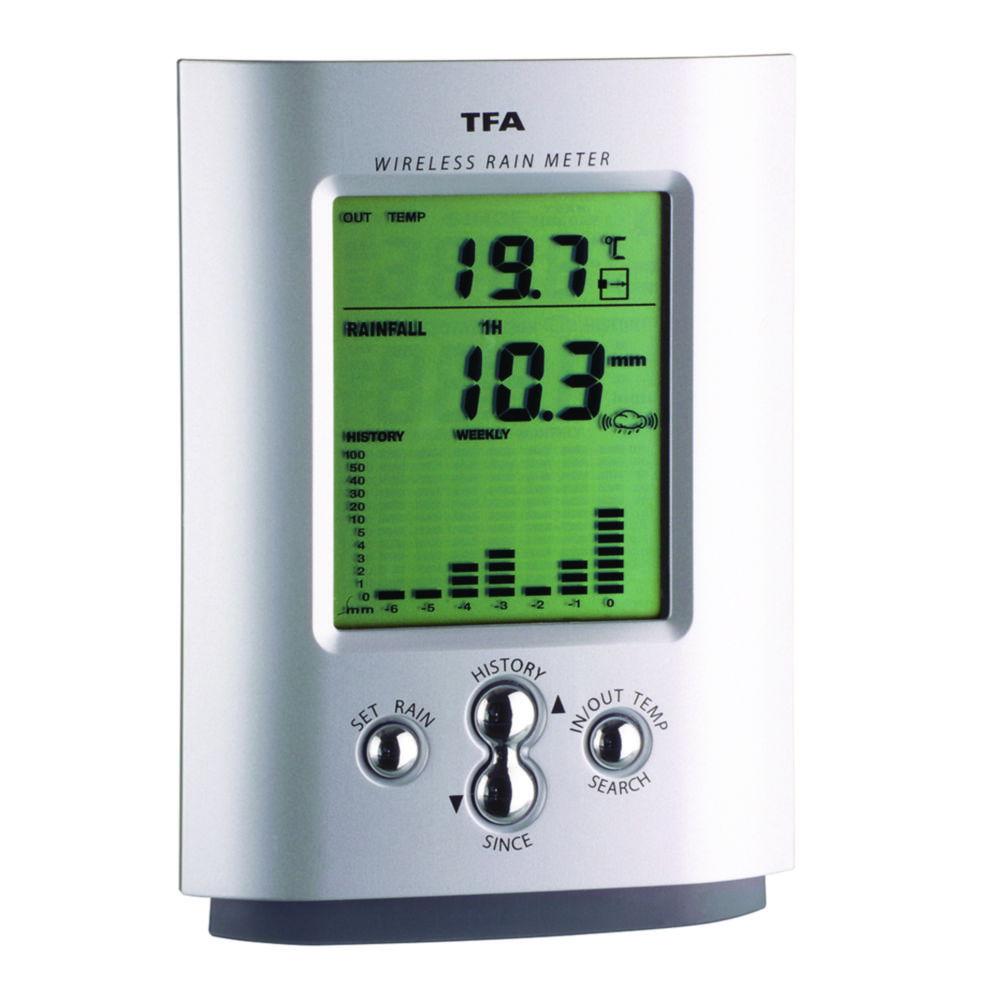 Digital radio rain gauge MONSUN Measuring range rain: 0...9999 mm, siver, Temp. inside/outside: -10...+50°C / -50...+70°C