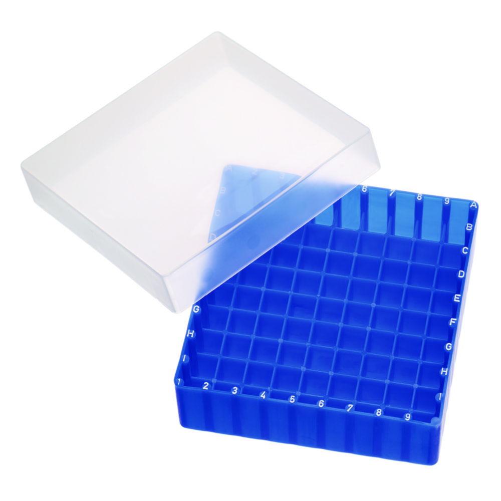 LLG Storage Box PP Blue for 15mL, 18mL, 2mL Vials or 2mL Shell Vials with Cover, 130 x 130 x 45 mm