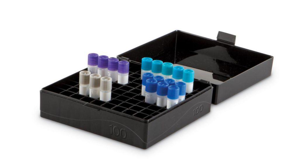 Heathrow Scientific Storage Box with Snap Lid, PP, Black, 100 Places for Microtubes and Cryogenic Vials
