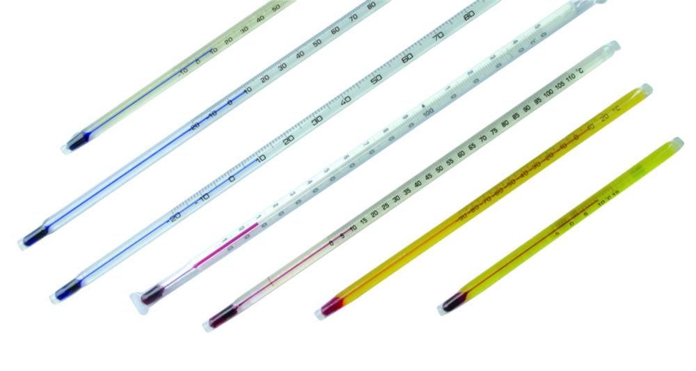 LLG Thermometer General Purpose -10°C +250:1°C, Stemform, Red Filling, Capillaries, Yellow-Backed, Length 300 mm, Immersion Depth Total