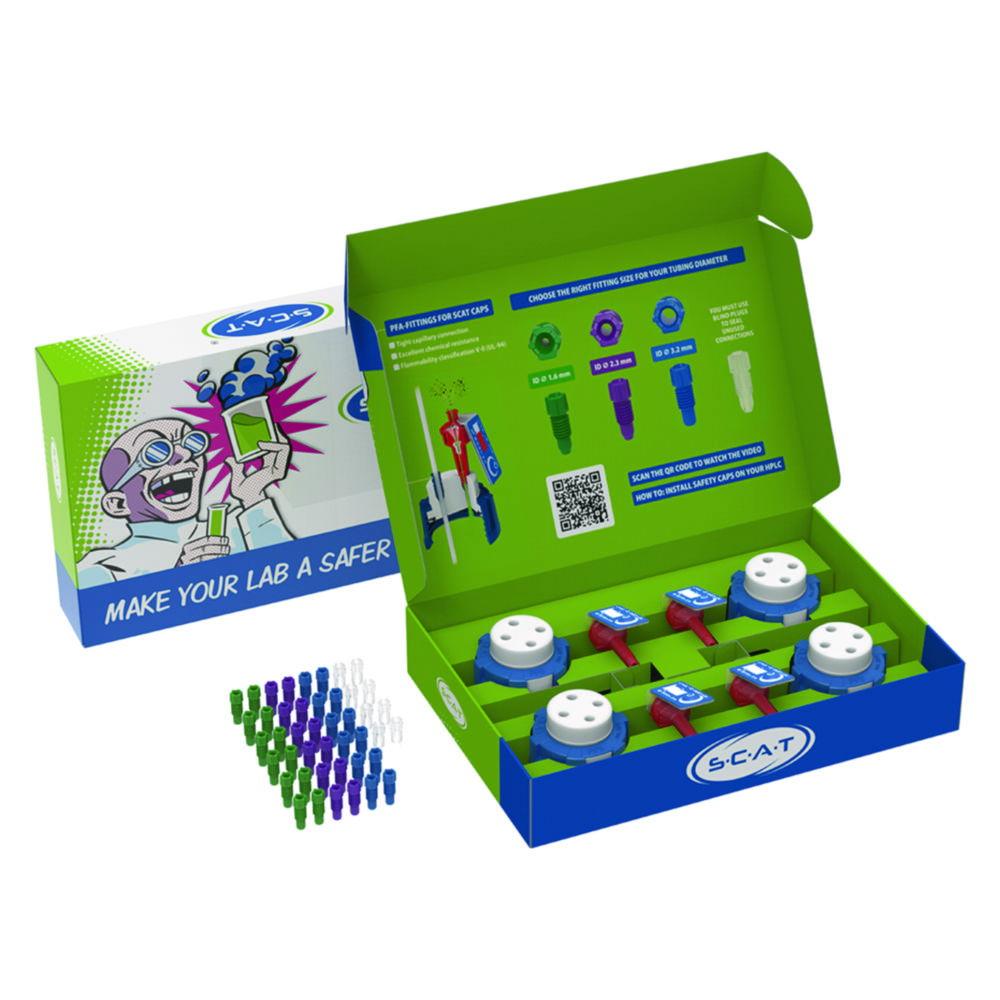 SCAT HPLC Starter Kit 3, V2.0: 4x SafetyCap III, 8x Blind Plug, 12x Fitting 1.6/2.3/3.2 mm OD, 4x Air Valve
