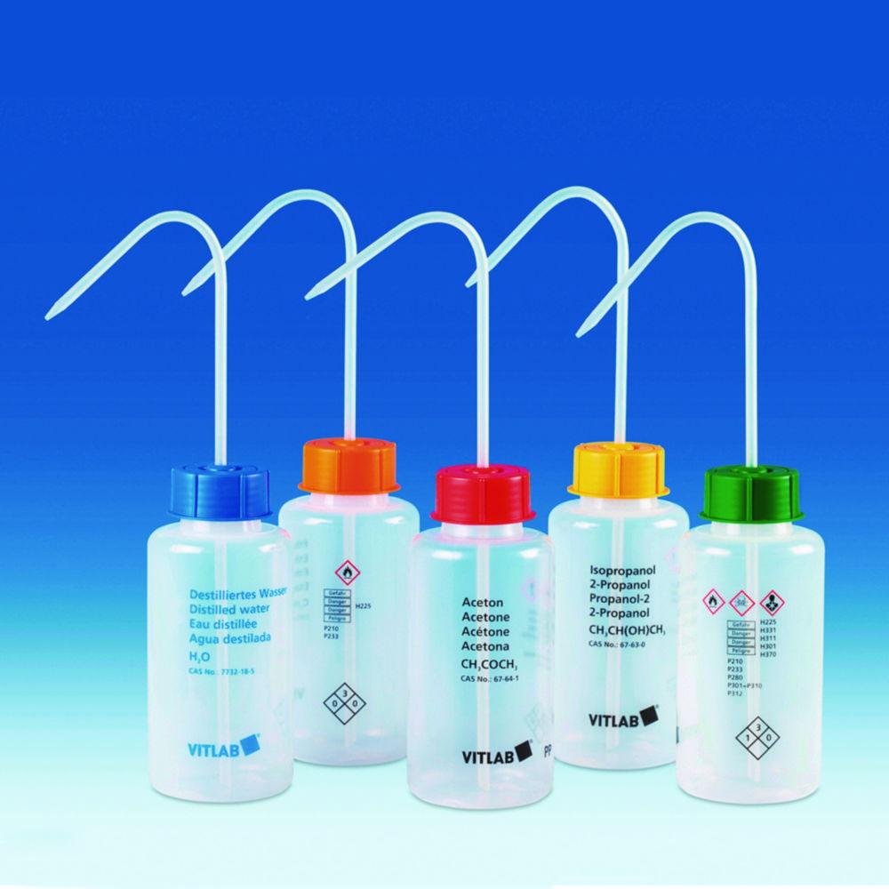 VITLAB Safety Washing Bottle 500 ml, PP, GL 45, N-Heptane, with VENT CAP screw connection

