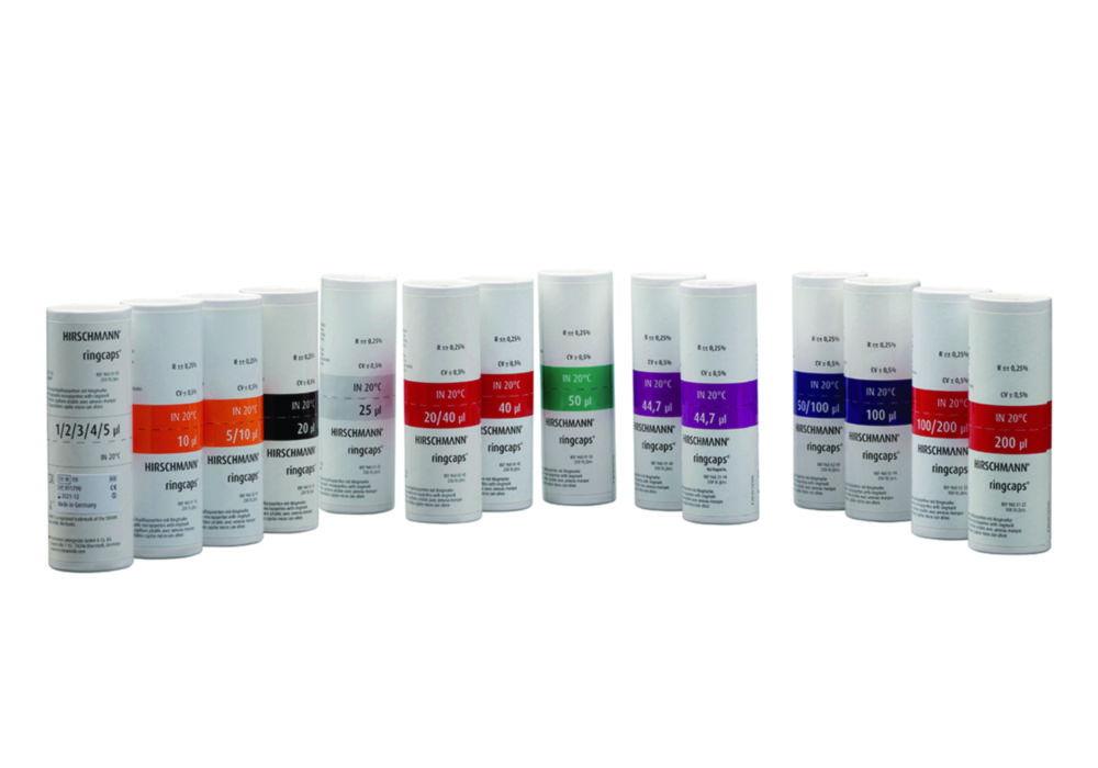 Hirschmann Laborgeräte RingCaps, Disposable Capillary Pipettes Pack of 100, 2 Marks 100+200µL, DURAN