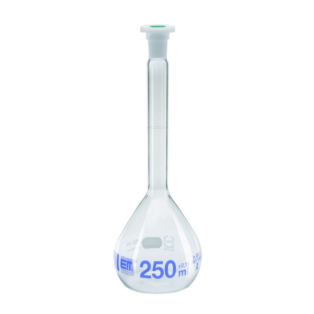 Hirschmann Laborgeräte Volumetric Flask 100ml DURAN, Class A, NS 12/21, with Poly Stopper KB, Blue Graduated