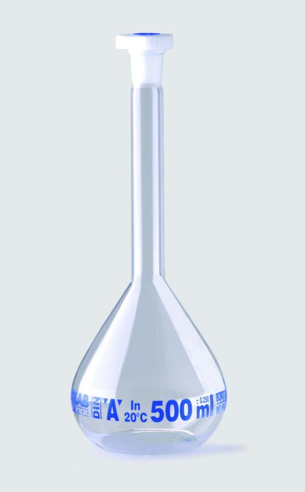 ISOLAB Volumetric Flask 100 mL, Clear Glass, CLA, NS 14/23, PE Stopper, Blue Scale, Batch Certified