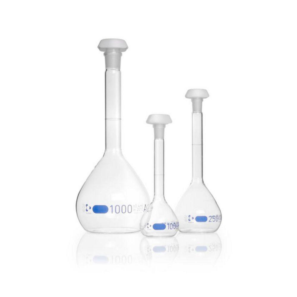 DWK Duran Volumetric Flask 50 ml, Class A Blue Graduation, Batch Certificate, One Graduation Mark, Polyethylene Stopper, NS 12/21