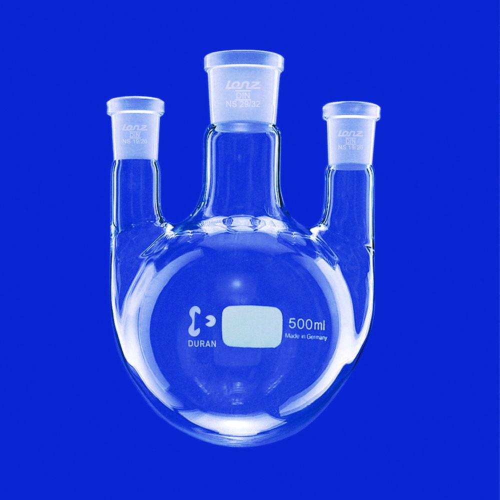 Lenz-Laborglas Round Bottom Flask Three Neck, Side Necks Parallel C Neck NS 29/32, Side Neck NS 29/32
