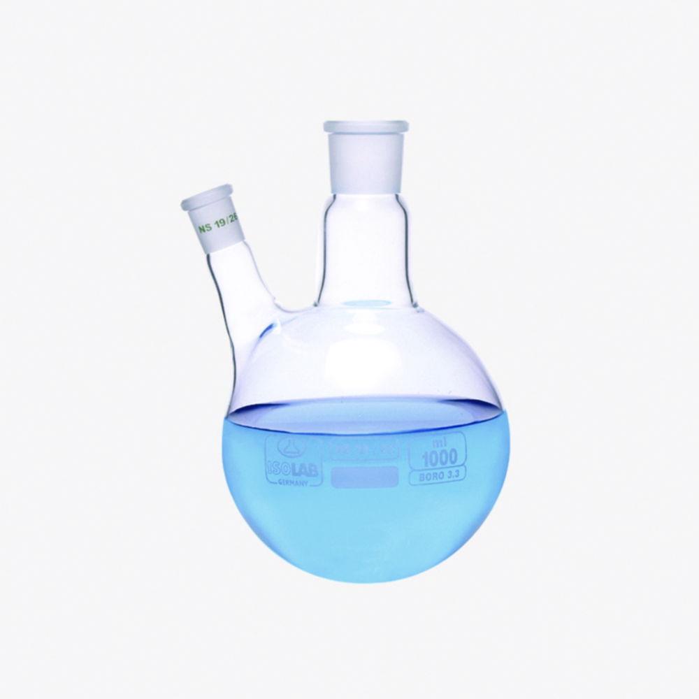 ISOLAB Two Neck Round Flask with Angled Side Arm and Center Neck, NS 29/32, Side Neck NS 14/23, 500 mL