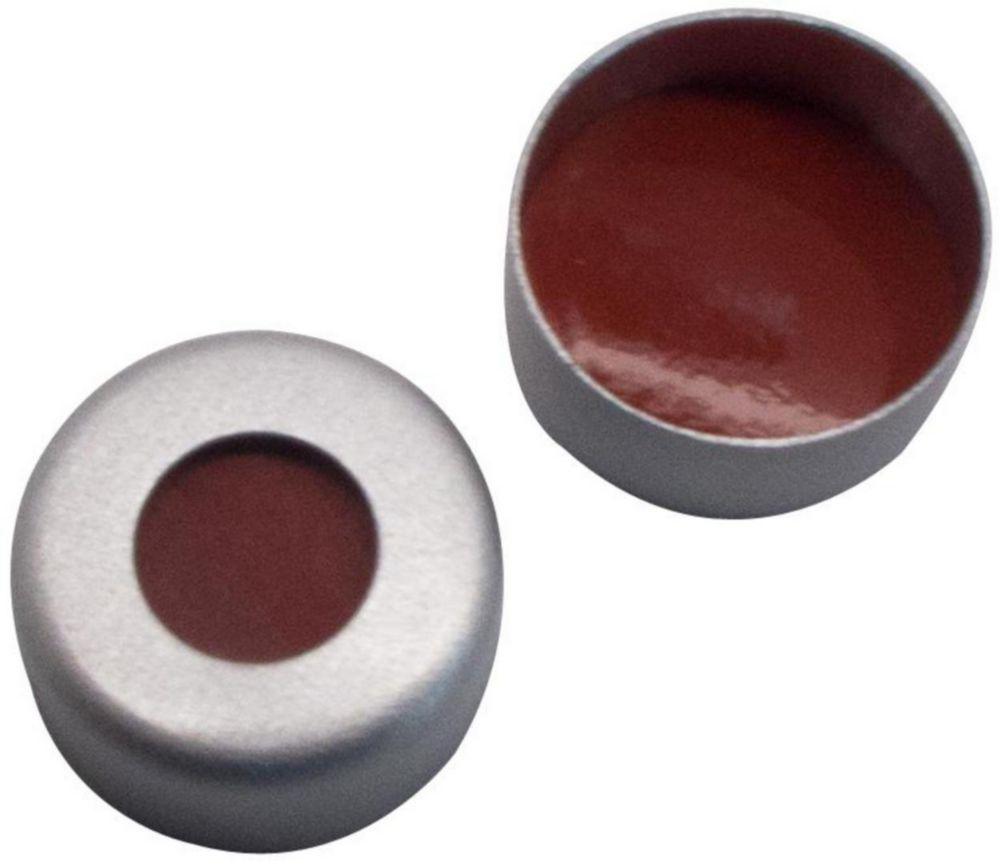 LLG Aluminium Crimp Cap N-11 Silver, Center Hole, Red Rubber/PTFE Transparent Colourless, Hardness 45 Shore A, Thickness 10mm