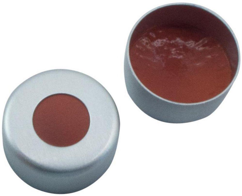 LLG Labware Aluminium Crimp Cap N 11 Silver Center Hole Natural Rubber/Butyl Red-Orange/TEF Colourless Hardness 45° Shore A Thickness 1.3 mm