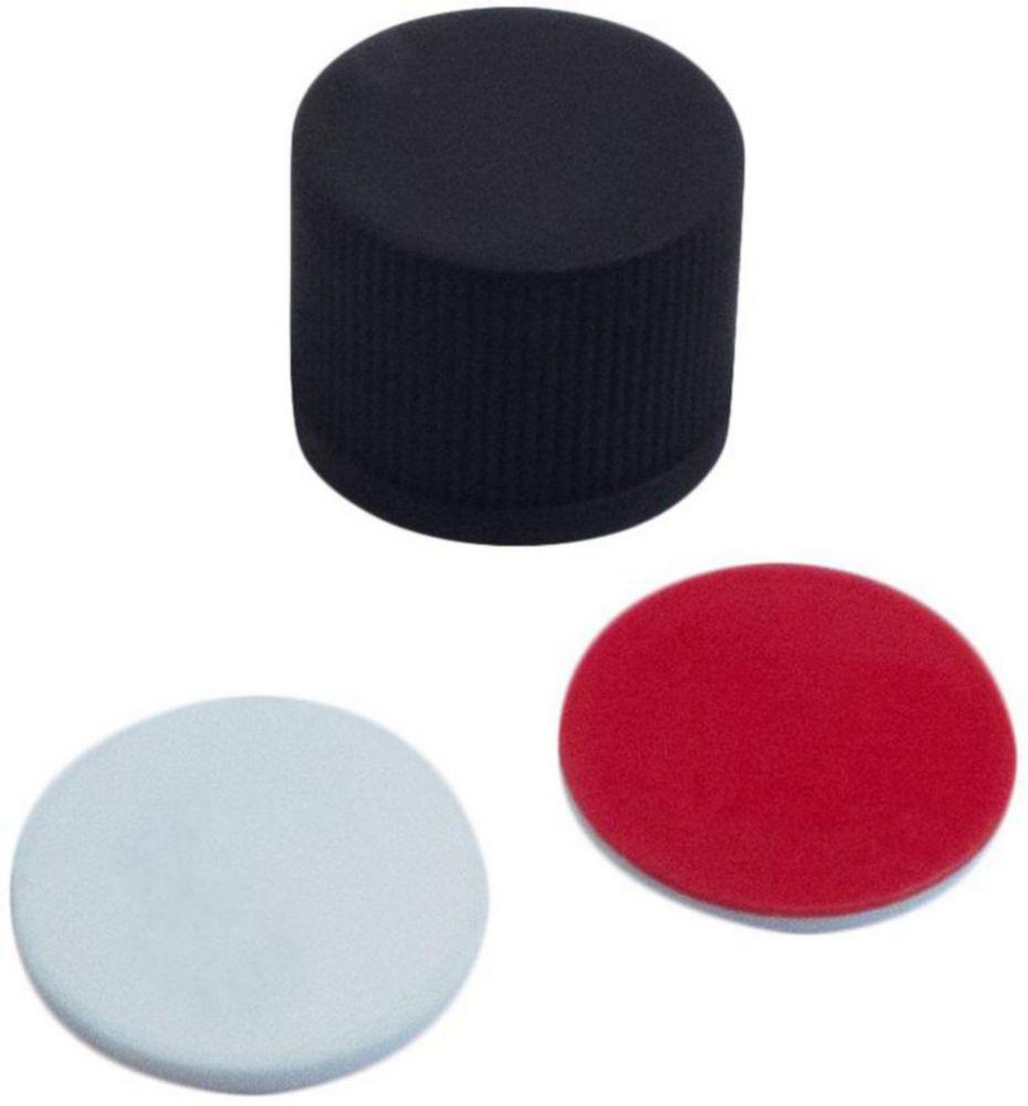 LLG Screw Cap N-13 PP Black, Closed Top, Silicone White/PTFE Red, Hardness 55 Shore A, Thickness 1.3 mm, Pack of 100