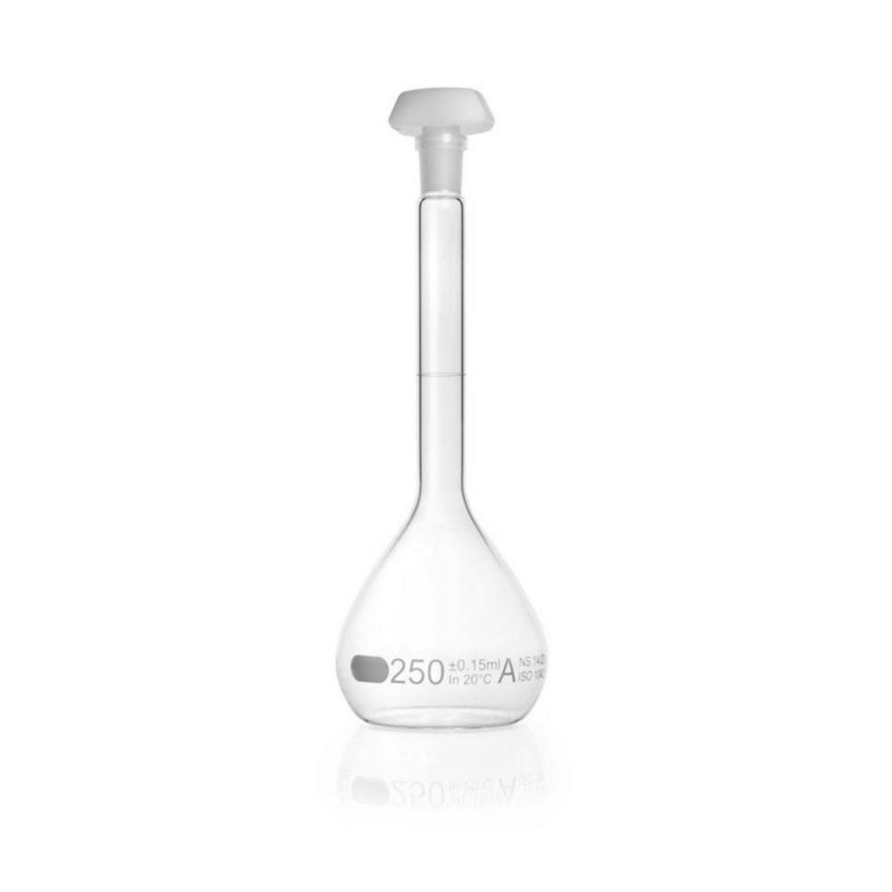 DWK Duran 250 mL Volumetric Flask, Class A, Blue Graduation, Individual Certificate, Polyethylene Stopper NS 14/23​