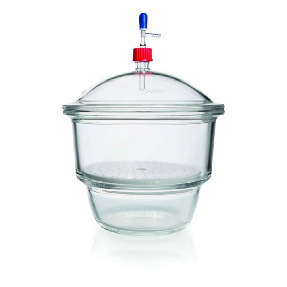 DWK Duran Vacuum Desiccator MOBILEX DN 250, Clear, with Porcelain Plate, GL32 MOBILEX Threaded Lid, and PBT​
