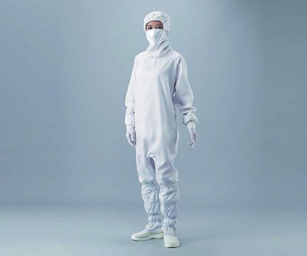 As One ASPURE Overall for Cleanroom, White, Polyester, with Hood, Integrated Mask, Concealed Zip, Type 10312W, Size L