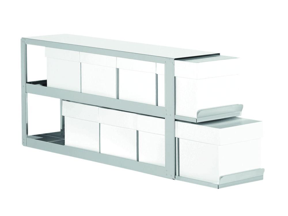 Sliding shelf rack for upright freezer for (hxd) 2x4 = 8 boxes 130mm high, delivered including standard white cardboard boxes and 9x9 cell