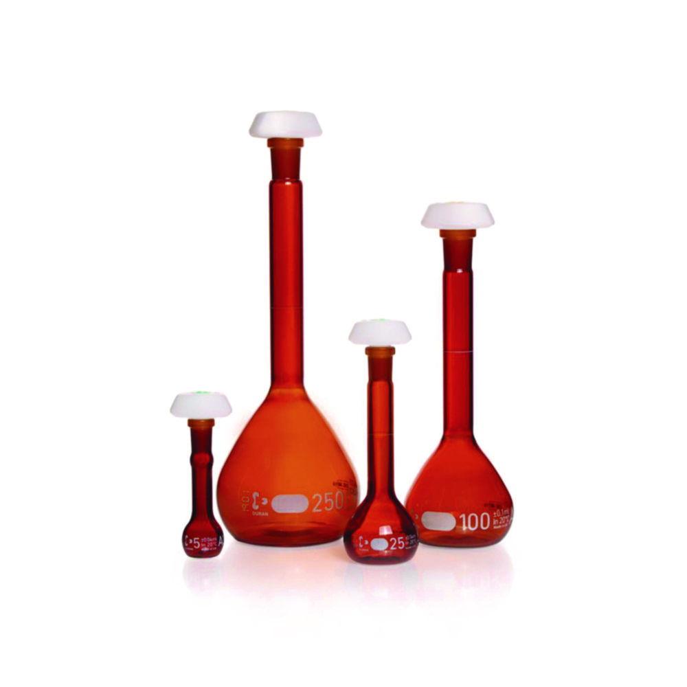 DWK Duran Volumetric Flask 10 ml, Amber Coloured Class AW, White Graduation, Batch Certificate, Polyethylene Stopper, NS 10/19