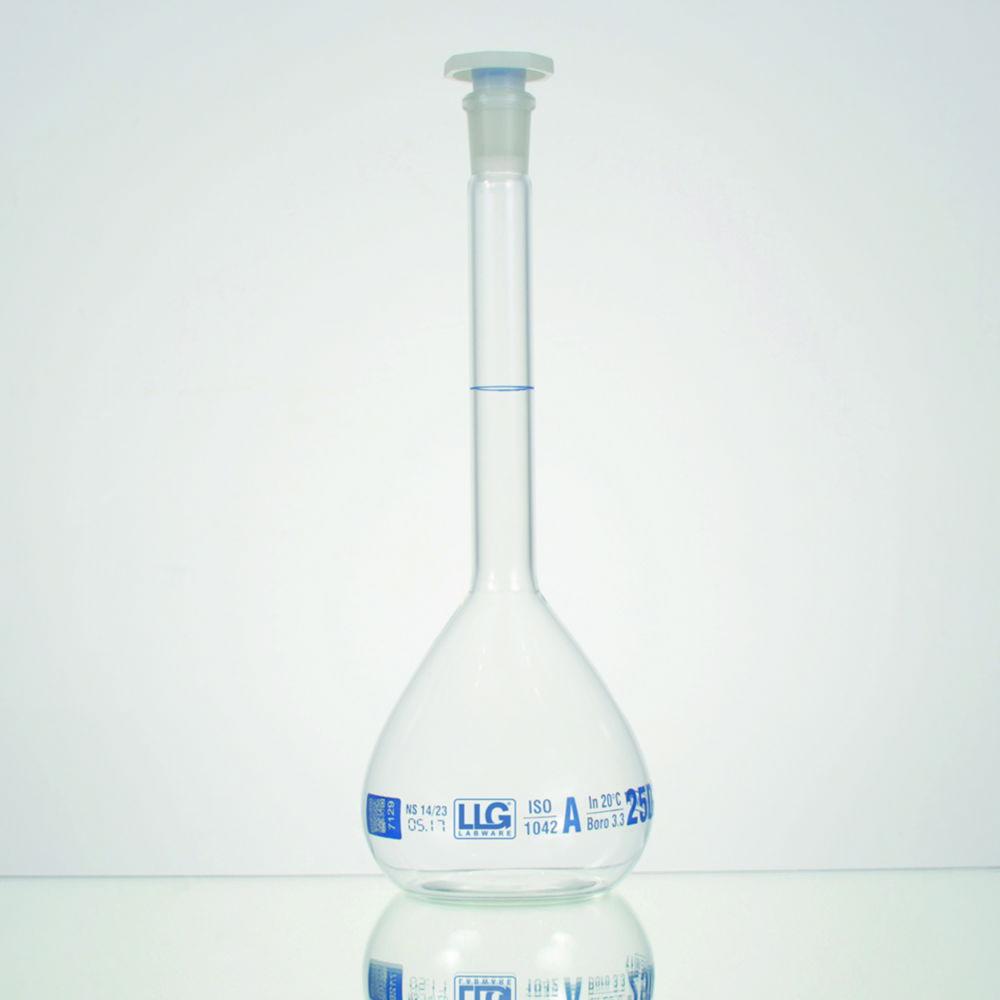 LLG Volumetric Flask 50 mL Boro 3.3 Clear Class A NS 12/21 PE Stopper Blue Scale Batch Certified, Pack of 2